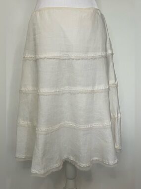 Tahari Embroidered Linen Tiered Skirt Size 6 White Pockets Boho Cottage Countr